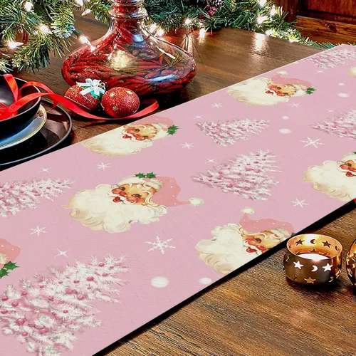Miniatura 4 de Camino de mesa de Navidad Papá Noel Árbol de Navidad Copo de nieve rosa, caminos largos para invierno, Navidad, decoración para el hogar, cocina