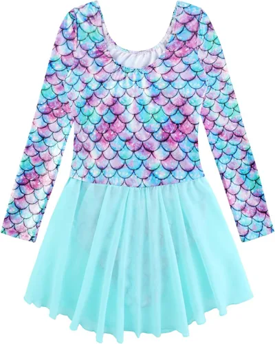 Miniatura 10 de EQSJIU Leotardo de baile de manga larga para niñas, vestido de ballet brillante con copo de nieve, tutú con falda tutú para niñas