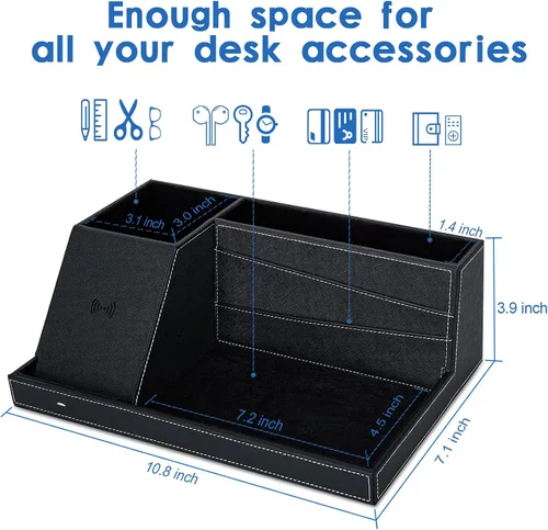 Miniatura 3 de TopMade Organizador de mesita de noche de escritorio con cargador inalámbrico, soporte de cuero para bolígrafos, accesorios de oficina, estación