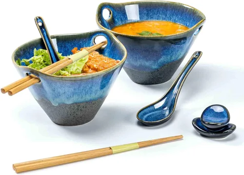 Miniatura 9 de Henten Home Juego de 2 cuencos de ramen de 20 onzas, cuencos de cerámica japoneses para fideos, cuencos profundos de porcelana con palillos