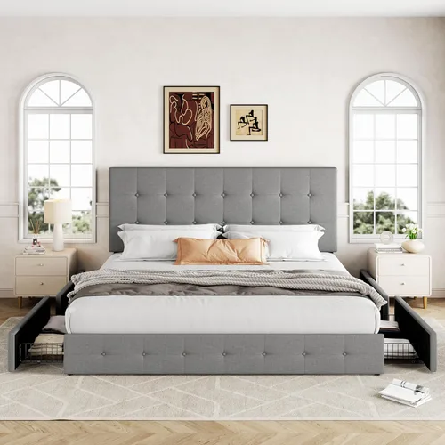 Miniatura 3 de Allewie - Base de cama con plataforma de tamaño King totalmente tapizada, con 4 cajones de almacenamiento y cabecera, diseño cosido en cuadrados