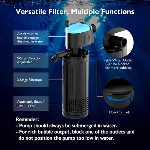 Miniatura 4 de AquaMiracle Filtro sumergible para acuario de 3 etapas en tanque con doble salida de agua y aireación, flujo de agua ajustable 225 GPH filtro