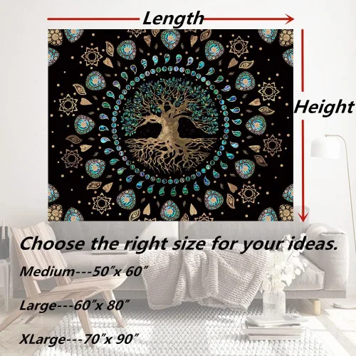 Miniatura 6 de Tapiz de árbol de la vida para dormitorio, tapiz de mandala hippie estético, naturaleza espiritual, tapices de árbol de abulón y dorado, tapiz
