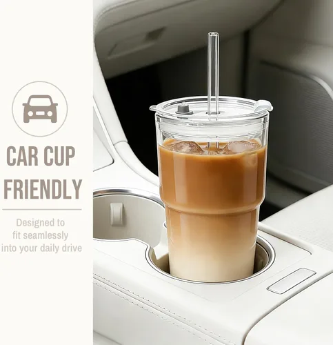 Miniatura 9 de SoulTimes Vaso de vidrio de 20 onzas con tapa y popote de vidrio – Juego de 2 vasos transparentes reutilizables para café helado, vaso para café