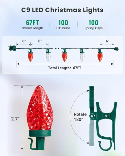 Miniatura 3 de SURAIELEC C9 Luces LED de Navidad con clips, 67 pies, 100 luces de techo de Navidad para exteriores con clips de resorte, luces de cadena rojas