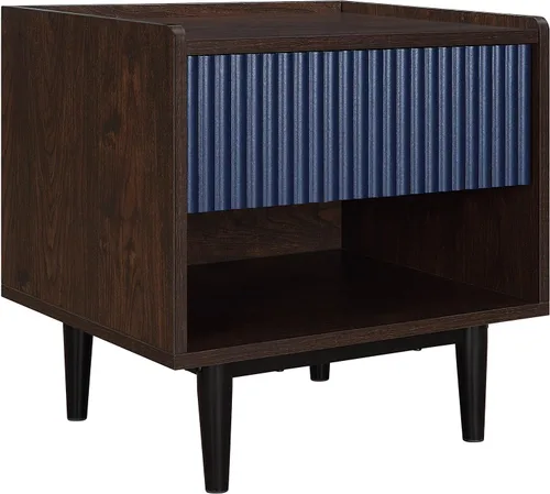 Miniatura 10 de Manhattan Comfort Duane Mesita de noche acanalada con cajón de extensión completa y estante abierto, patas de acero, mesita de noche, mesa de acento