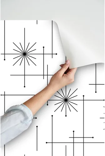 Miniatura 3 de Papel tapiz para despegar y pegar, diseño geométrico de mediados de siglo, moderno, negro, blanco, monocromático, minimalista, extraíble, por