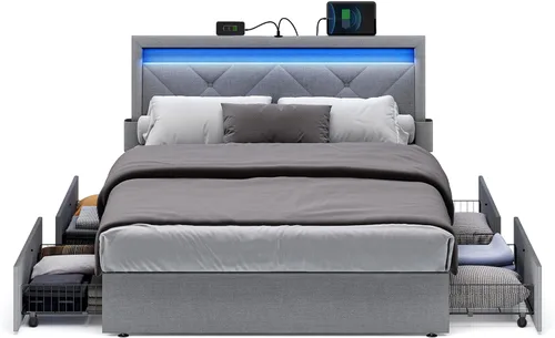 Miniatura 10 de VASAGLE Base de cama LED tamaño individual, cama individual con cabecera y 4 cajones, 1 puerto USB y 1 puerto tipo C, cabecera tapizada ajustable