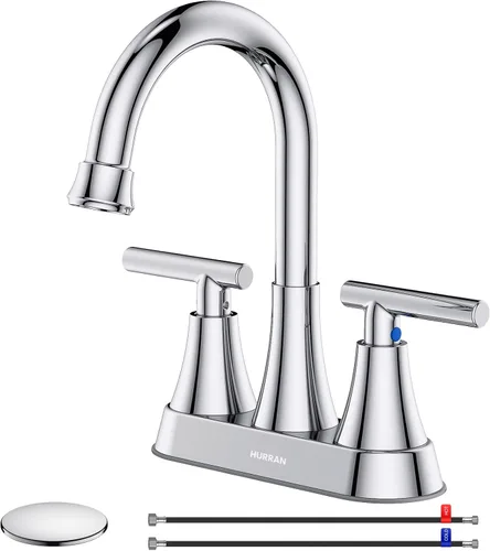 Hurran - Grifos de baño para lavabo de 3 agujeros, grifo de lavabo de baño cromado de 4 pulgadas con desagüe emergente y mangueras de suministro,