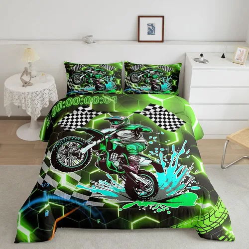 Miniatura 11 de Erosebridal Juego de edredón individual de motocicleta de carreras para niños, juego de ropa de cama de panal con luces de neón azules, motocross