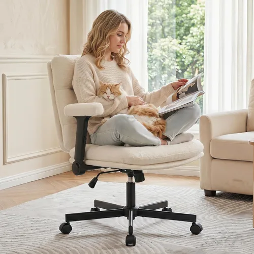 Miniatura 8 de Furniliving Criss Cross Office Chair with Adjustable Flip-up Arms, Premium Chenille Upholstered Cross Legged Chair, Ergonomic Swivel Desk Vanity