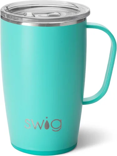 Swig Life - Taza de viaje de 18 onzas, vaso con aislamiento con asa y tapa, apto para portavasos, apto para lavavajillas, de acero inoxidable, taza