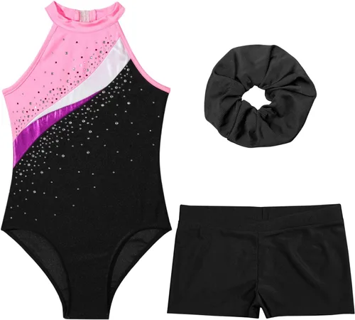 Miniatura 3 de XUNZOO Kids Girls Ballet Dance Outfits Shiny Sleeveless Gymnastic Leotard with Athletic Shorts Hair Band Tracksuit