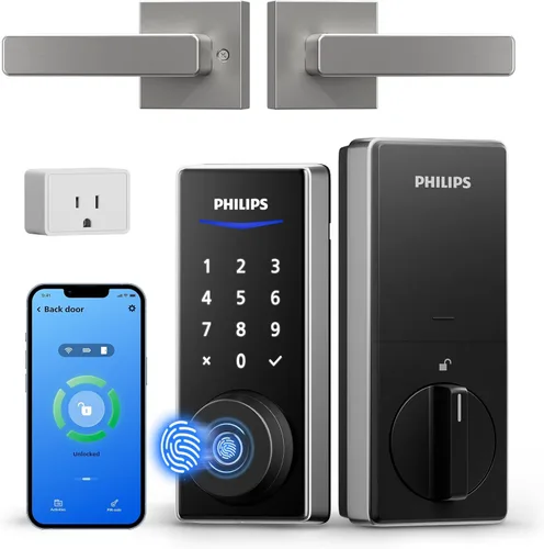 Cerradura inteligente Philips WiFi con asa, cerradura de puerta sin llave con huella dactilar y puente WiFi, cerraduras inteligentes para puerta
