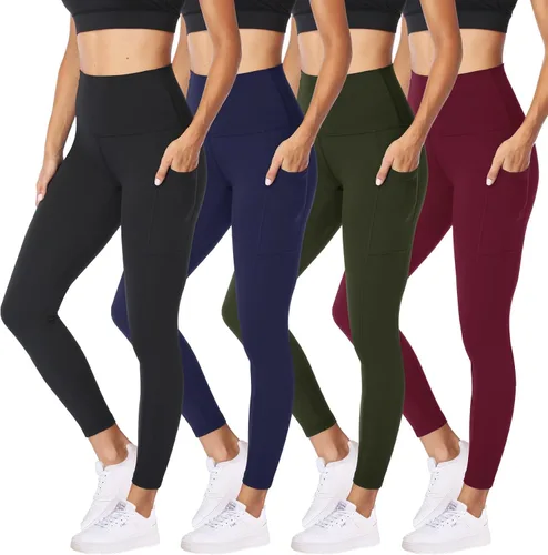 Miniatura 34 de NexiEpoch - Paquete de 4 leggings suaves para mujer, con bolsillos, control de abdomen y cintura alta, pantalones capri para yoga y ejercicio
