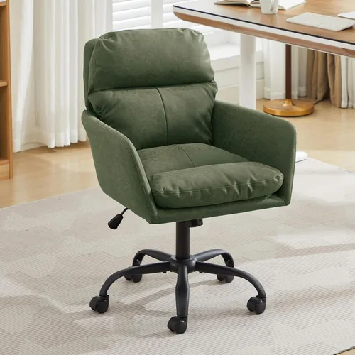 Miniatura 2 de YISHENG Silla de escritorio de piel sintética para oficina en casa, silla giratoria ajustable para computadora con ruedas y brazos, cómoda silla