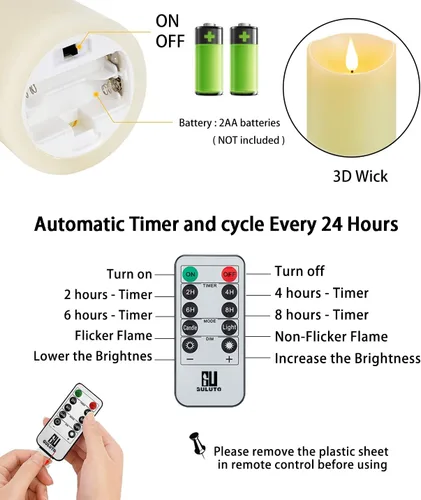 Miniatura 2 de Velas parpadeantes sin llama con control remoto y temporizador, velas LED eléctricas de pilar de cera real para el hogar, boda, Halloween, Navidad