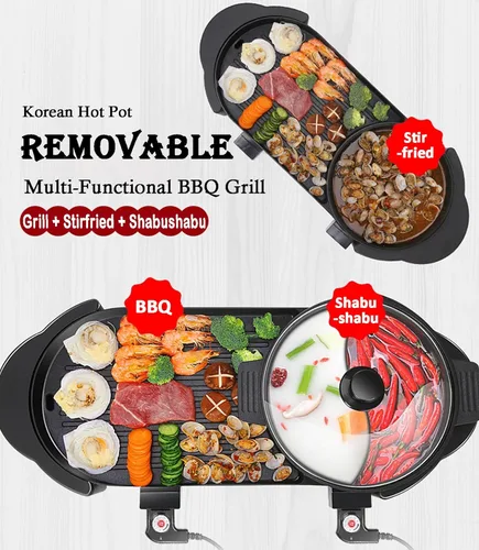 Miniatura 3 de Olla Caliente con Parrilla, Olla Caliente Eléctrica 2 en 1 Shabu Shabu Olla Caliente Barbacoa Coreana, Olla Caliente Desmontable 1200W / Bandeja