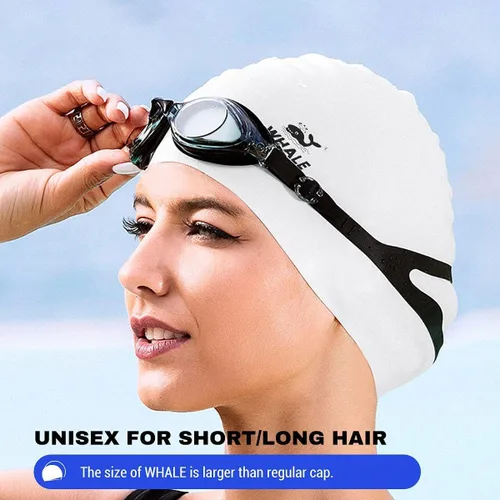 Miniatura 3 de WHALE Gorro de natación extra grande para mujeres y hombres, gorro de natación de silicona duradera con protección para los oídos, gorros de baño
