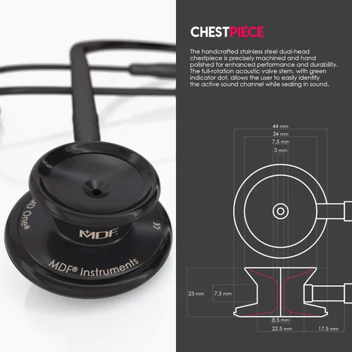 Miniatura 4 de MDF MD One - Estetoscopio de acero inoxidable, adulto, tubo negro, piezas torácicas y auriculares negros, MDF777BO