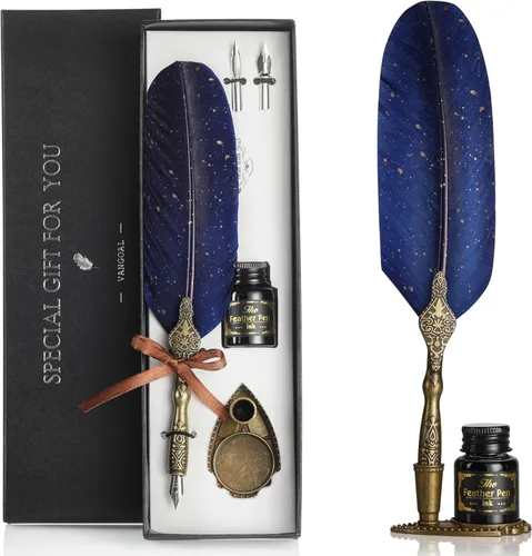 VANGOAL - Juego de pluma fuente labrada estilo retro, lujosa, diseño de caligrafía con tinta, 2 puntas de repuesto, base de soporte para pluma