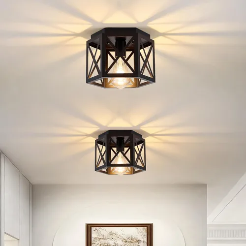 Miniatura 12 de XSDeTu Paquete de 2 Luces de Techo Semiempotradas Estilo Granja, Accesorio de Luz Industrial Negra para Pasillo, Pequeña Jaula de Metal Pegada al