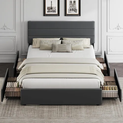 Miniatura 6 de WLIVE Base de cama tapizada tamaño Queen con 4 cajones de almacenamiento y cabecero, marco de cama de plataforma de terciopelo, soporte de listones