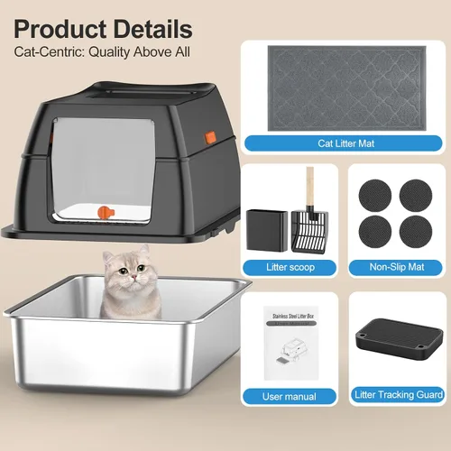 Miniatura 6 de Caja de arena de acero inoxidable con tapa, caja de arena para gatos de entrada frontal y salida superior, caja de metal cerrada extragrande