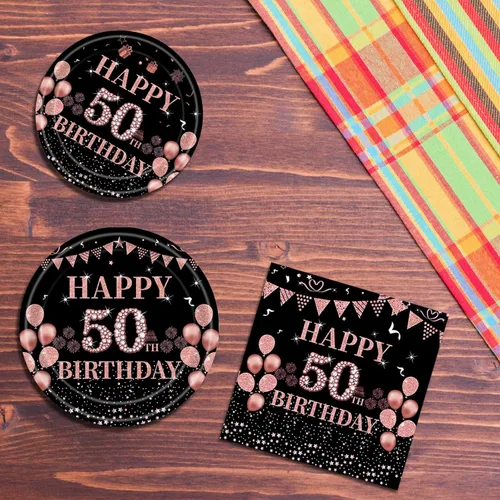 Miniatura 7 de Ryzovo 62 platos y servilletas de papel desechables de 50 cumpleaños, color negro y oro rosa, suministros de fiesta para 20 invitados, incluye 50