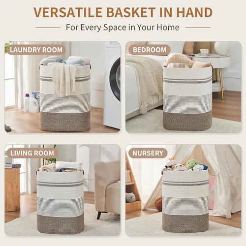 Miniatura 3 de AINUOQI Cesta de lavandería – Cesta alta de cuerda tejida para ropa sucia – Cesta de ropa con asas de cuero, 17 x 13.8 x 22 pulgadas, cesta de Arroz