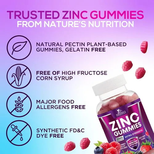 Miniatura 7 de Gomitas de zinc – 50 mg de zinc por porción, gomitas de apoyo inmunológico para la piel y los huesos – Antioxidante masticable de alta calidad