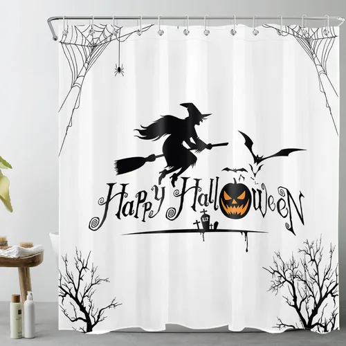 Miniatura 19 de HVEST Cortina de ducha con ganchos, calabaza espeluznante y fantasma con sombrero de bruja negro, juego de cortina de ducha naranja con flores