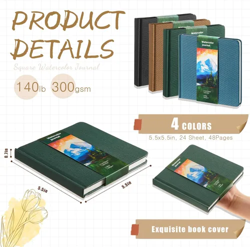 Miniatura 3 de Mooliwe Diario de viaje de acuarela, cuaderno de bocetos de acuarela de 5 x 5 pulgadas, 13.56 oz/m², de algodón de prensa en frío, para pintor