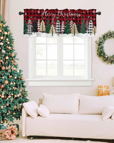 Miniatura 5 de Cenefa de Navidad para Ventanas Cortinas de Árbol de Navidad Alegre Cenefas con Bolsillo para Barra Cenefa Tratamientos para Ventanas Cuadros Árbol