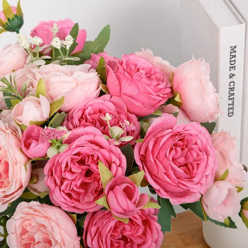 Miniatura 6 de Flores de seda de peonía artificial, ramo de peonía falsa rosa 4 paquetes Arreglos florales decoración para casa de campo estilo boho centro de mesa