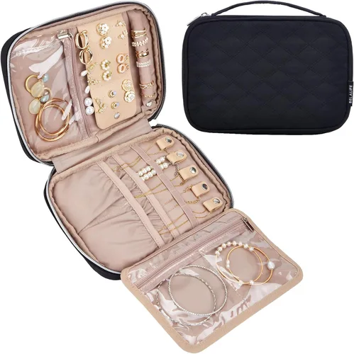 BELALIFE Organizador de joyas de viaje, estuche portátil de almacenamiento de joyas para aretes, anillos, collares, pulseras, color negro