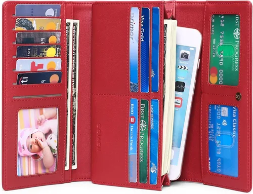 Miniatura 4 de GOIACII Cartera de mujer con bloqueo RFID triple pliegue cartera de mano larga para mujer cartera de cuero vegano con bolsillo para monedas A02-rojo