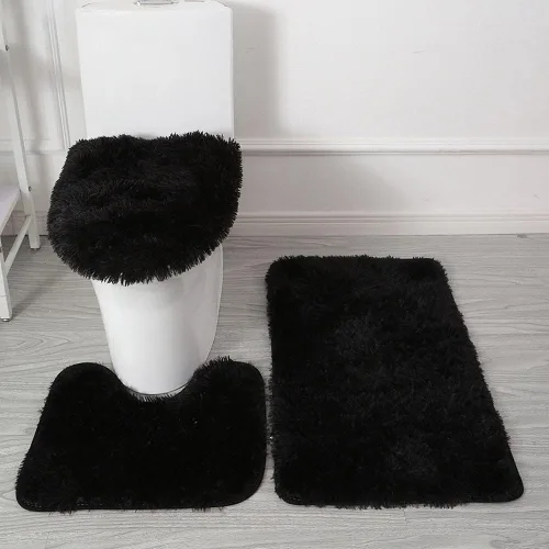 BXEBUI Juego de alfombras de baño de microfibra de 3 piezas, tapete de contorno antideslizante, cubierta para tapa de inodoro y tapete de baño, Negro