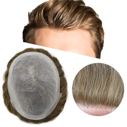 Miniatura 26 de Toupee para hombres, piel ultra fina, 0.002 in, base de poli completa, bucle en V, suave, sistema de reemplazo de cabello humano, pelucas para #1