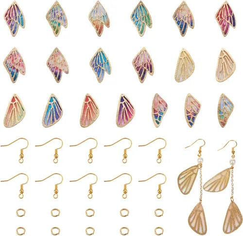 Miniatura 32 de FASHEWELRY 16 aretes de resina con alas de libélula y arco iris, mariposa, colgantes, alas de hada, coloridos dijes con ganchos para aretes, anillos