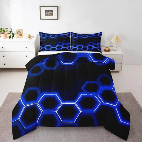 Miniatura 10 de Feelyou Juego de ropa de cama de panal de abeja, tamaño individual, juego de edredón hexagonal verde para niños y niñas, decoración geométrica