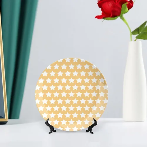 Miniatura 6 de XISUNYA Plato decorativo de 6 pulgadas, plato de porcelana amarillo y blanco, estrellas en tonos suaves, patrón elegante, adorno de impresión retro