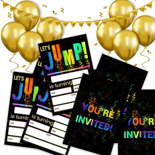 Miniatura 5 de Let's Jump Invitaciones para fiesta de cumpleaños, tarjetas de invitación de fiesta de trampolín brillante de 4 x 6 pulgadas (20 tarjetas + sobres)