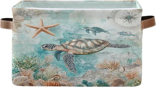 Cesta de almacenamiento temática náutica de tortuga marina, cesta de tela, contenedor de almacenamiento, organizador de cajas plegables de estrellas