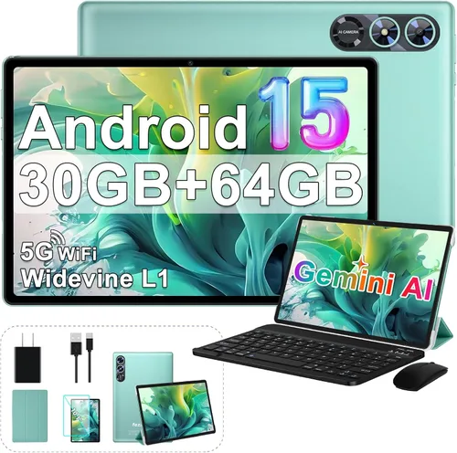 Tableta 2025 con Android 15 de 10 pulgadas con teclado de 30 GB de RAM 64 GB ROM, tableta 2 en 1 Octa-Core con Gemini AI, WiFi 5G, 6000 mAh, Verde