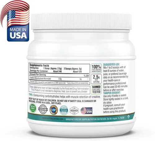 Miniatura 2 de Kappa Nutrition Monohidrato de creatina en polvo, fórmula de aminoácidos puros, apoya la fuerza muscular, la energía celular y el enfoque mental*