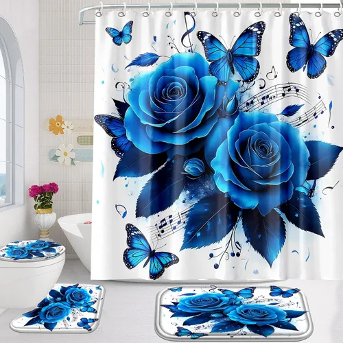 Miniatura 8 de Poedist Juego de 4 cortinas de ducha de baño, juego de cortina de baño con rosas azules, juegos de cortinas de ducha con alfombras