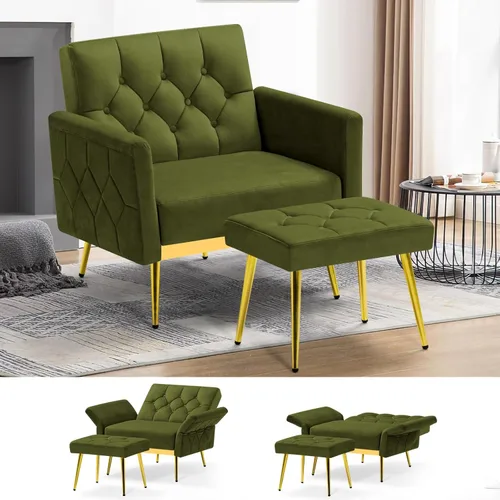 Miniatura 9 de Silla decorativa de terciopelo con reposabrazos y respaldos ajustables, sofá individual copetudo con otomana, silla de lectura tapizada para sala