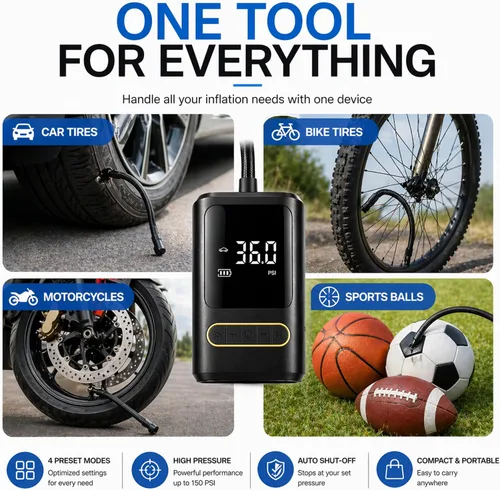 Miniatura 9 de Compresor de aire portátil para bicicleta: mini bomba eléctrica para neumáticos con apagado automático, compatible con múltiples válvulas, inflador