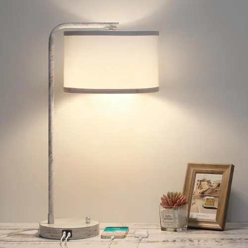 Lámpara de mesita de noche Seaside village con puertos de carga USB C+A, lámpara de pie moderna de granja completamente regulable, lámpara de Roble